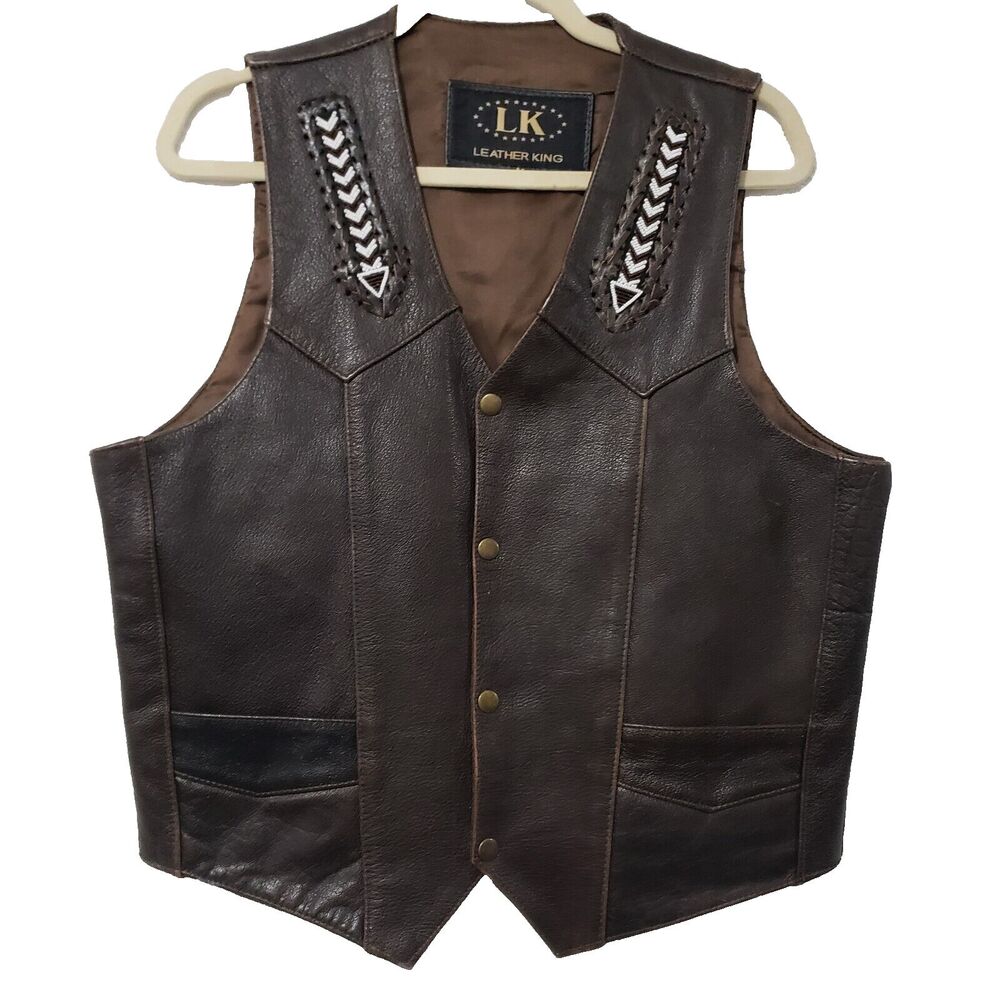 Vtg Leather King  LK Brown Leather Moto Vest  Snaps Men's  M